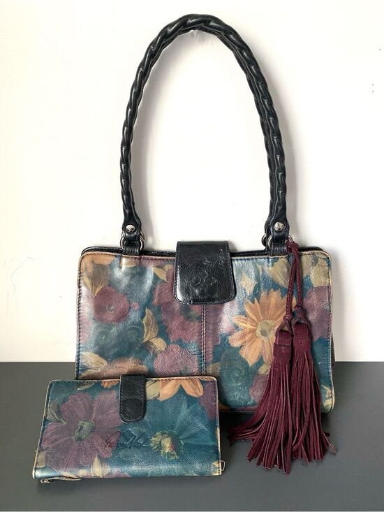 Patricia Nash Handbags - Patricia Nash Multicolor Floral Leather Shoulder Bag & Wallet Burgundy Tassel